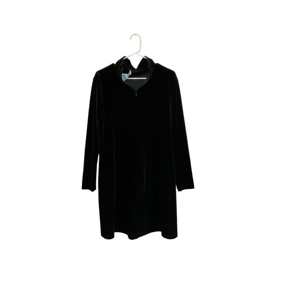 DJ Int'l VTG 90s Black Velvet Turtleneck Fit & Flare Dress Size Large Stretch - Picture 3 of 5